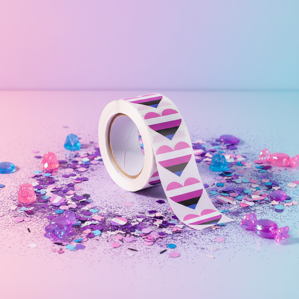 Roll of 500 Genderfluid Pride heart stickers on a surface with purple, blue, and pink confetti and gems, pastel gradient backdrop.