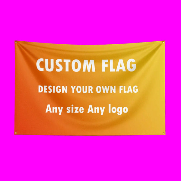 Rectangular fabric banner with a warm orange-to-yellow gradient, featuring bold white text: CUSTOM FLAG DESIGN YOUR OWN FLAG. Ideal for expressing your unique identity with Queer In The World’s Custom Design LGBT Flag.