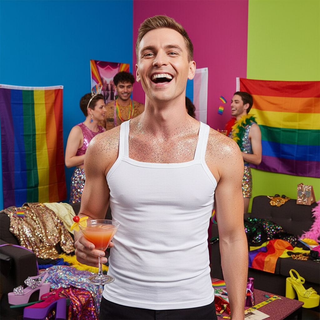 Young man shines in a white Solid Color Threaded Cotton Tank Top, dusted with silver glitter, holding a cocktail at a vibrant Pride celebration, embodying bold self-expression and inclusive, joyful queer energy.