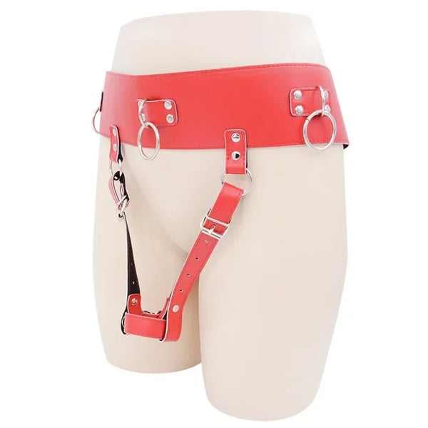 Front view of a red leather strap-on harness on a mannequin lower torso