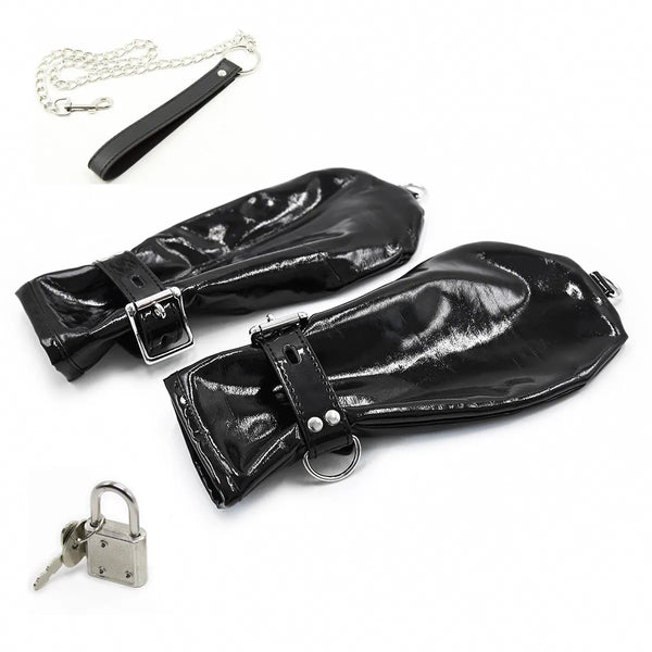 Bondage Leatherette Gauntlets With Lock Restraints