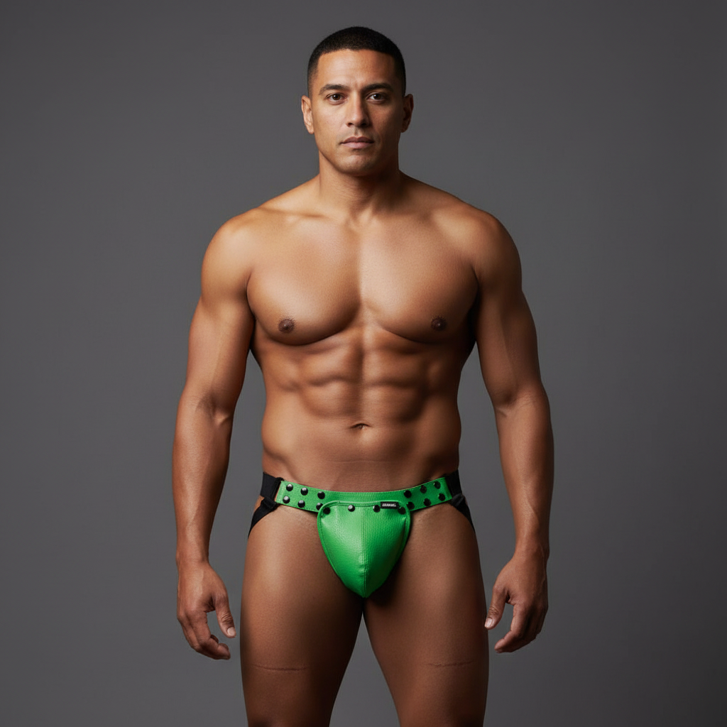 Muscular man with short dark hair poses front-facing in a shiny green and black Jockmail "Big Bugle" Athletic Jockstrap.