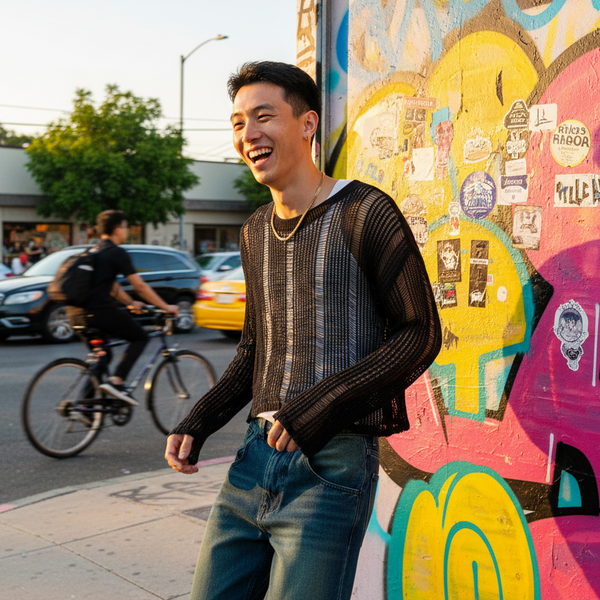 Young man wearing the Autumn Versatile See-Through Knitted Top, a sultry black sweater with a see-through knit pattern, embodying queer pride and self-expression, against a vibrant, graffiti-covered urban backdrop.