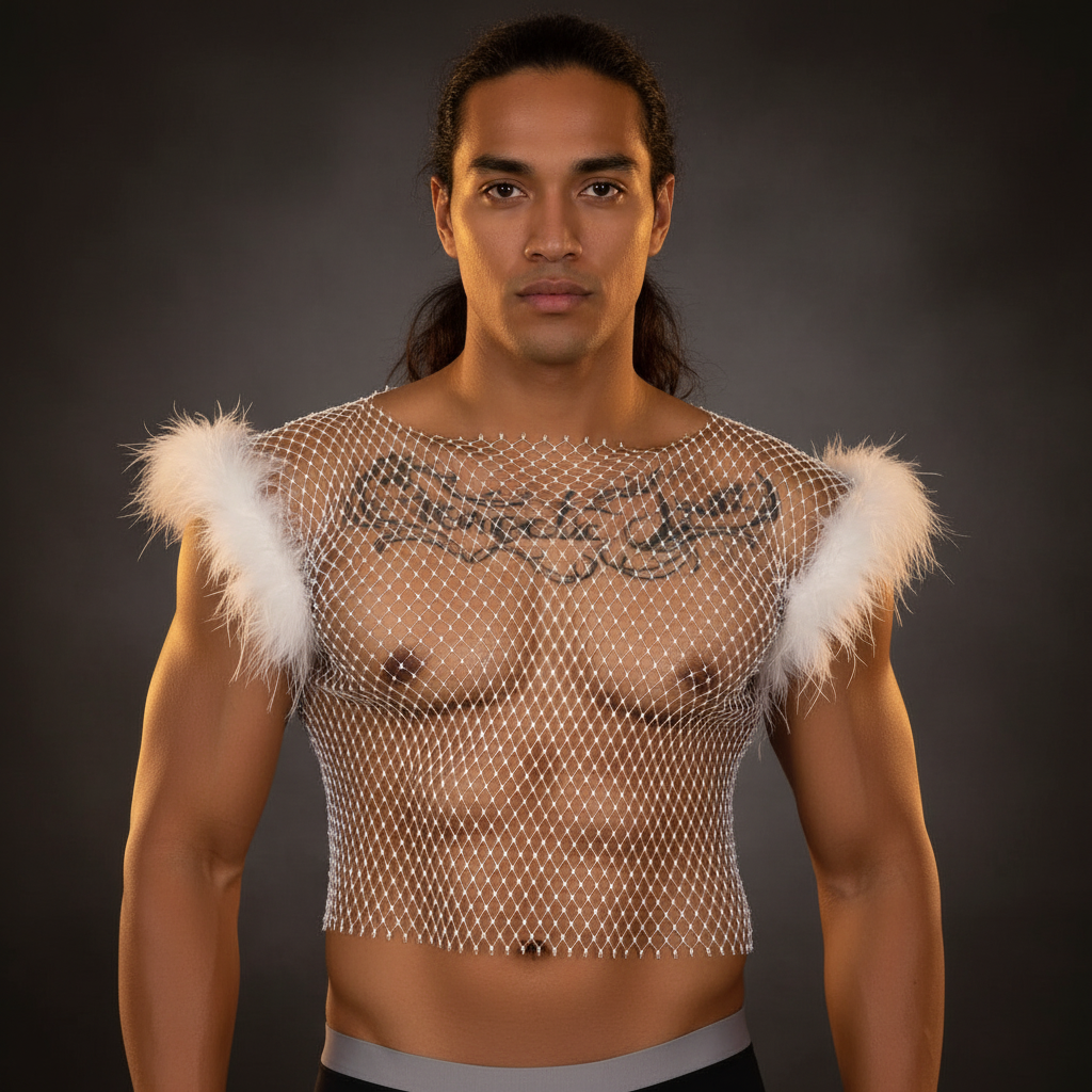 Young male model wearing the Crystal Temptress Mesh Men's Vest, featuring a white fishnet design with feathered shoulders, emphasizing bold, queer self-expression and empowerment. The vest highlights a stylized chest tattoo.