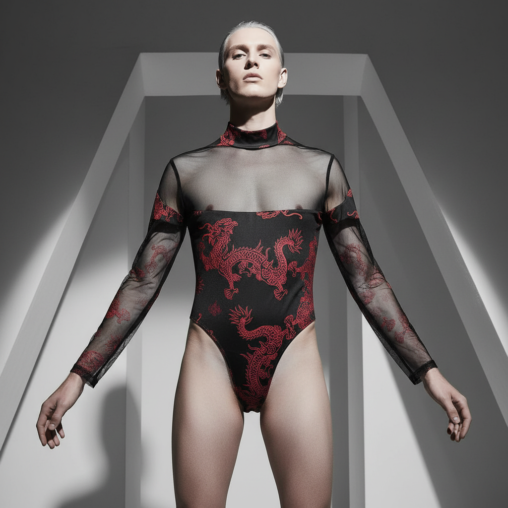 High-cut sheer black queer unitard with a high collar, red dragon print; platinum blonde model poses boldly against a white geometric backdrop.