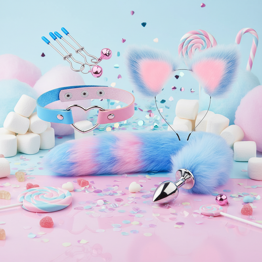 Fluffy blue-and-pink bunny tail butt plug set with ears, collar and metal accessories