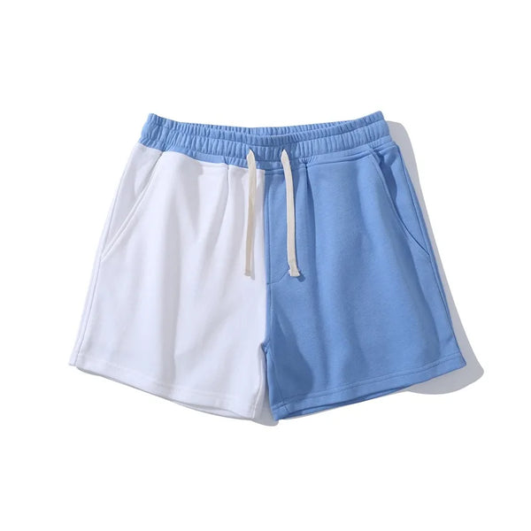 Contrast Runway Casual Trendy Shorts with an elastic waistband and drawstring, featuring a striking half-white, half-light sky-blue design. Tailored to accentuate and empower, celebrating queer pride and self-expression with side pockets.