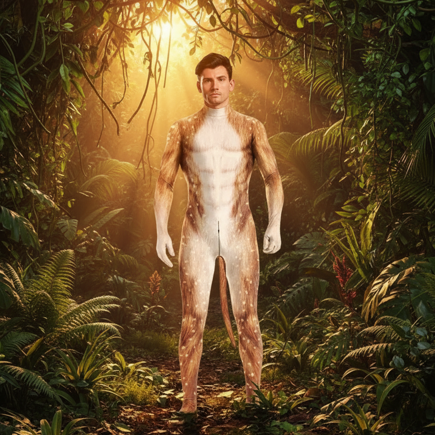 A man in a lush forest wears the Monkey Fantasy Fetish Bodysuit With Tail, a full-body deer suit featuring fur-like texture and tail.