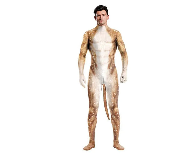 Male model wearing the Monkey Fantasy Fetish Bodysuit With Tail, a skin-tight deer-patterned costume with a small tail, showcasing queer fantasy and fetishwear.