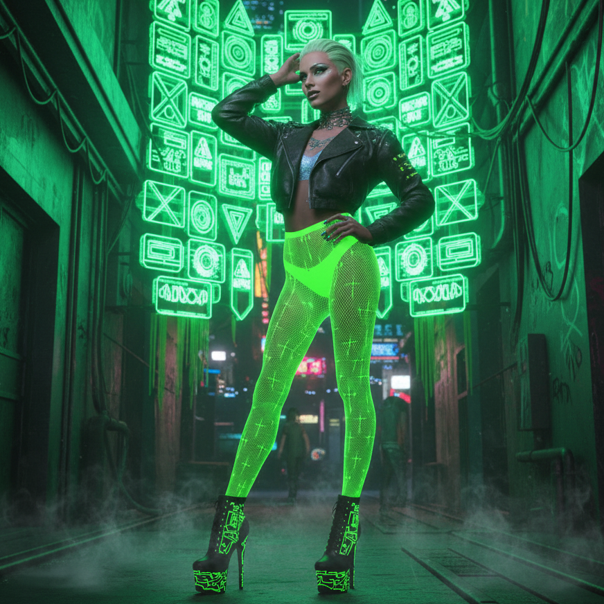 Glow-Mode Luminous Stockings showcased on a cyberpunk-inspired woman, exuding bold, queer energy with their glowing mesh design, perfect for unapologetic self-expression in vibrant, neon-lit urban settings.