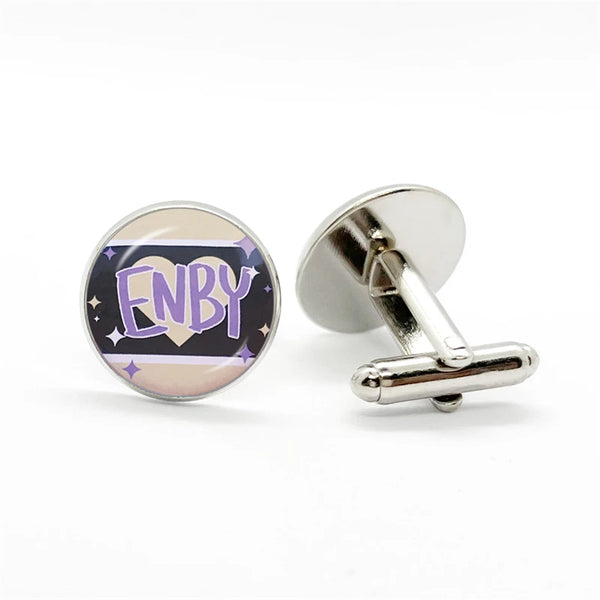 ENBY Pride Cufflinks showcasing a vibrant nonbinary pride design with ENBY over a heart, perfect for adding a subtle, empowering touch to formal attire.