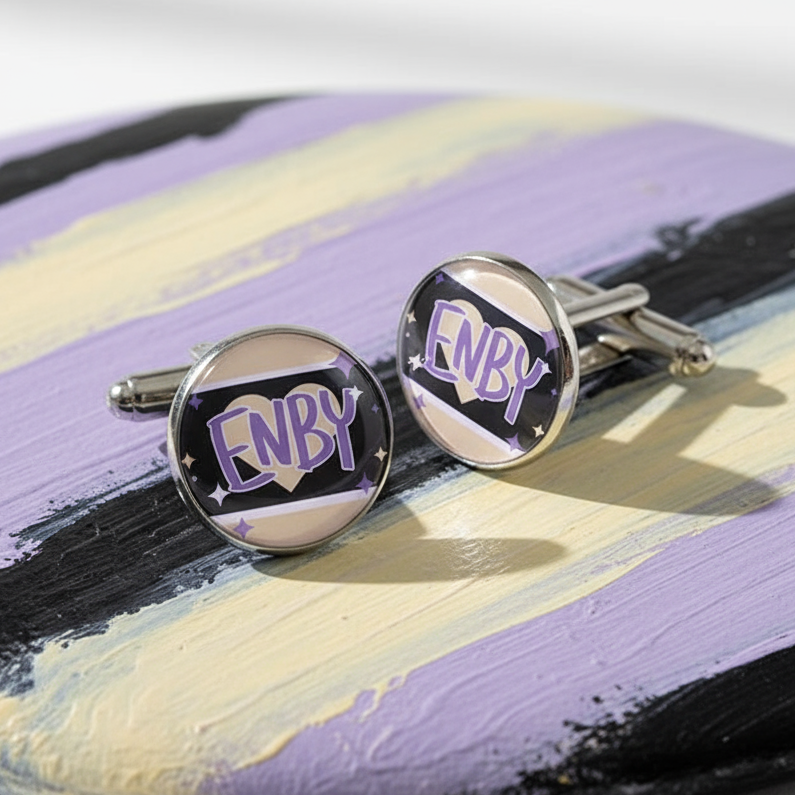 ENBY Pride Cufflinks showcasing ENBY with a heart and stars under a domed glass, against non-binary pride flag colors, embodying bold queer self-expression and empowerment.