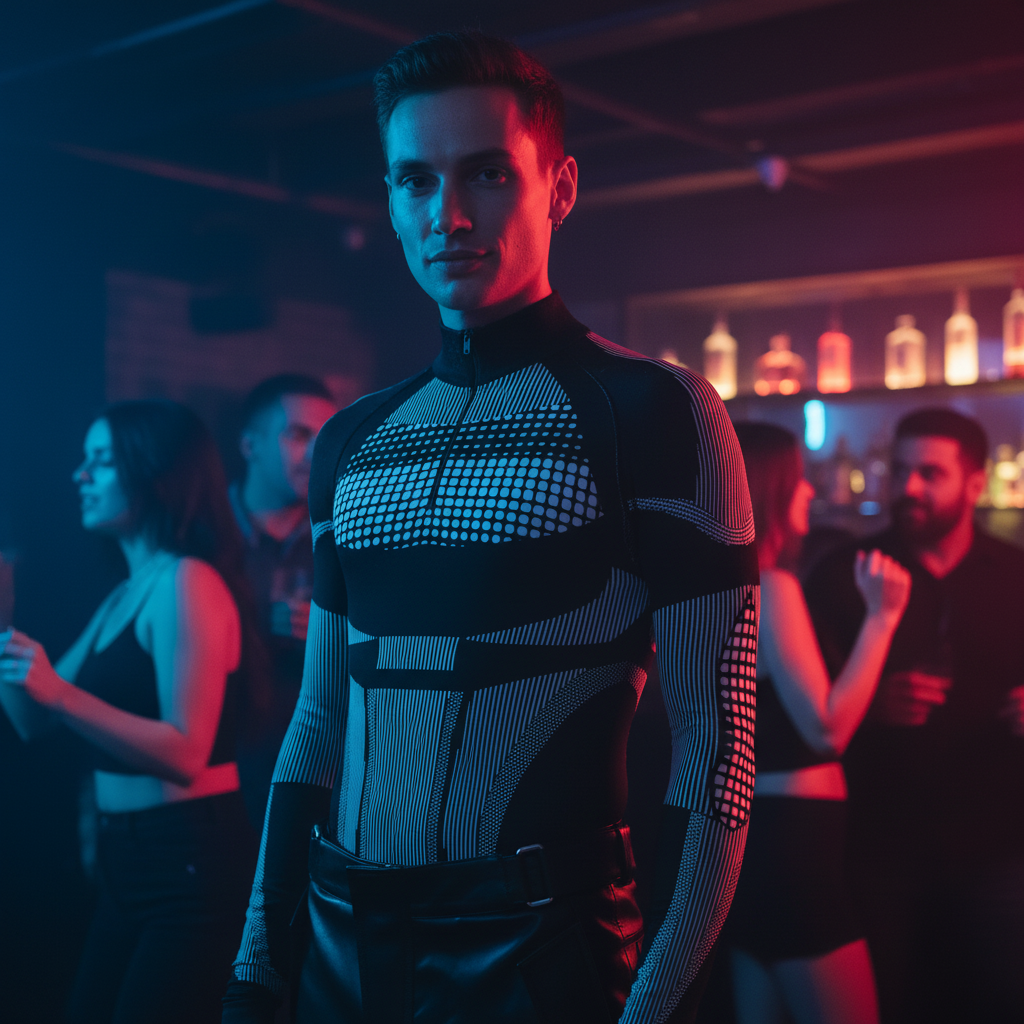 Young adult in B&W Elastic Round Neck Long Sleeve Top, featuring a sleek black and white grid pattern, embodying queer confidence and style, amidst a vibrant nightclub scene filled with lively patrons.
