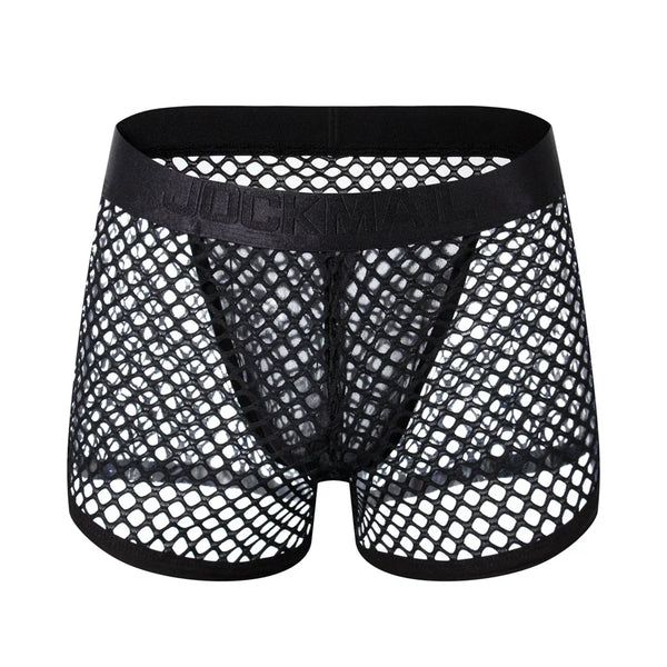 Jockmail Reveal All Fishnet Underwear Shorts feature bold black mesh fabric, an elastic waistband, and a provocative fit. Designed for confident, unapologetic self-expression and ultimate visibility in queer fashion.
