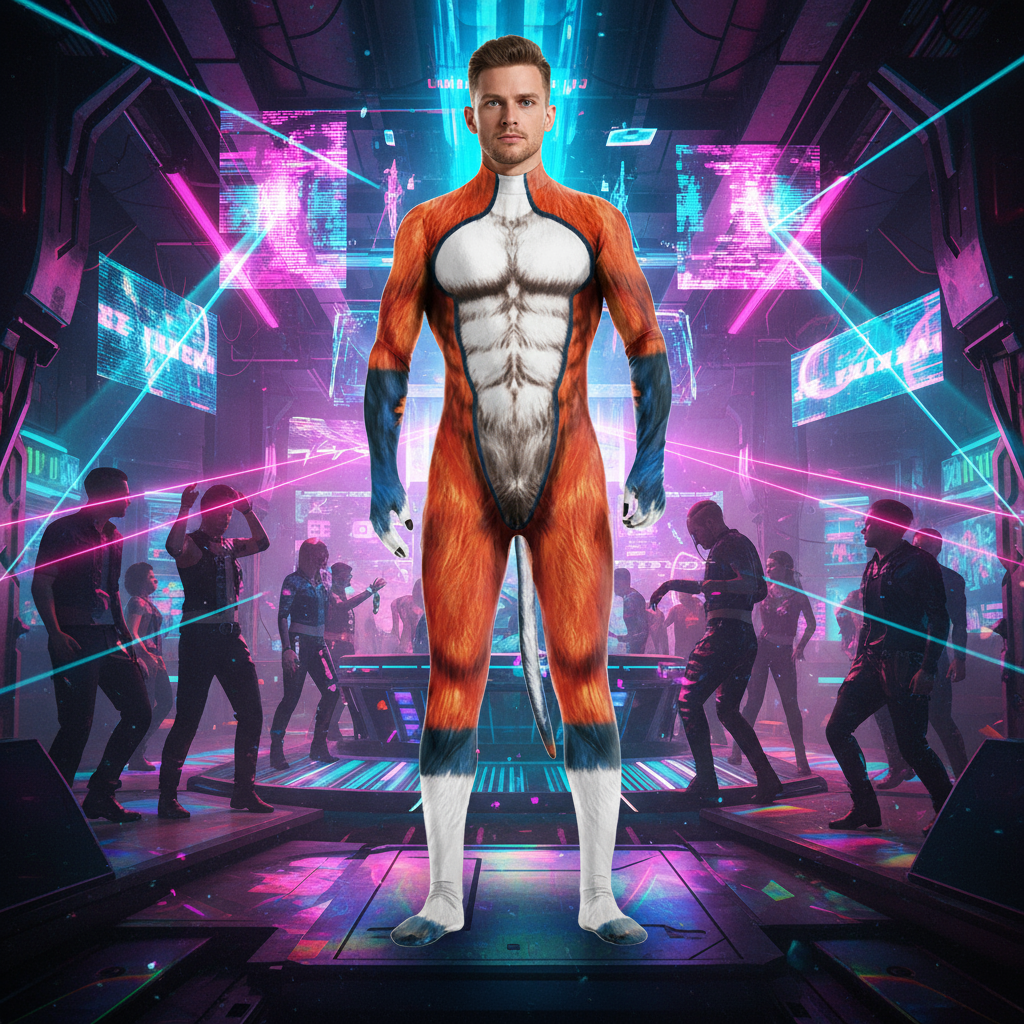 Person in Mutant Canine Fantasy Fetish Bodysuit With Tail, featuring a rusty-orange fur suit with a white torso and tail, amidst a neon-lit cyber-punk club scene.