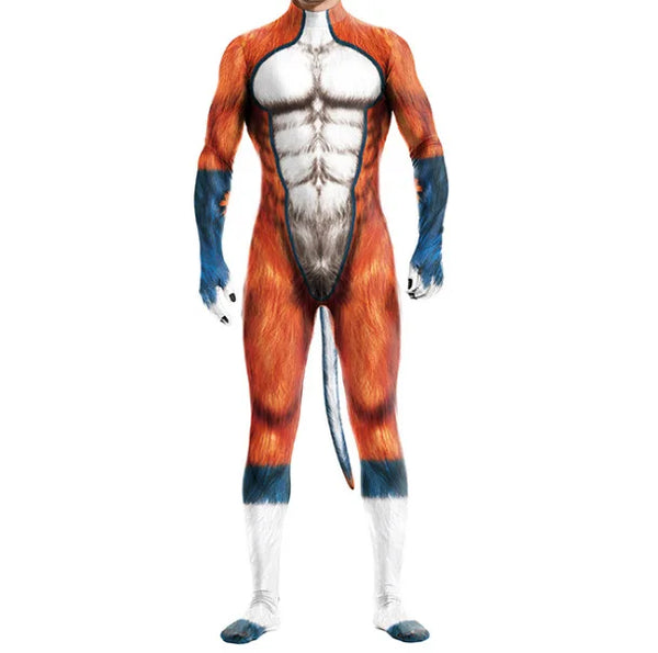 Mutant Canine Fantasy Fetish Bodysuit With Tail, a skin-tight unitard mimicking fox fur, features a playful tail for performance and cosplay.