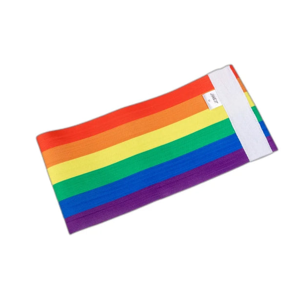 Rainbow Chest Binder Support, a vibrant elasticized band, showcases the pride flag’s colors and a white closure, symbolizing empowerment and self-expression through comfort and bold, queer visibility.