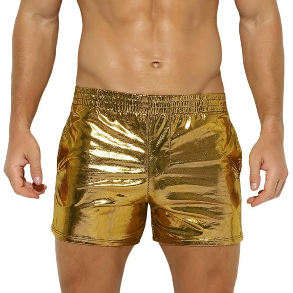 Man wearing Metallic Sleek Pocket Shorts, shiny and gold, highlighting the queer community's pride and confidence. The shorts feature a sleek finish, accentuating the torso and thighs.
