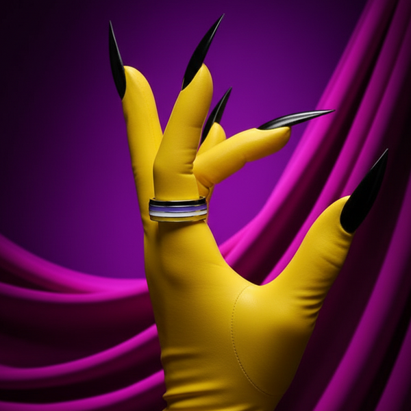 Close-up of a hand wearing a Non-Binary Pride Ring, featuring purple, white, and black stripes. The ring complements glossy black stiletto nails and a bright yellow glove, exuding bold queer pride and empowerment.