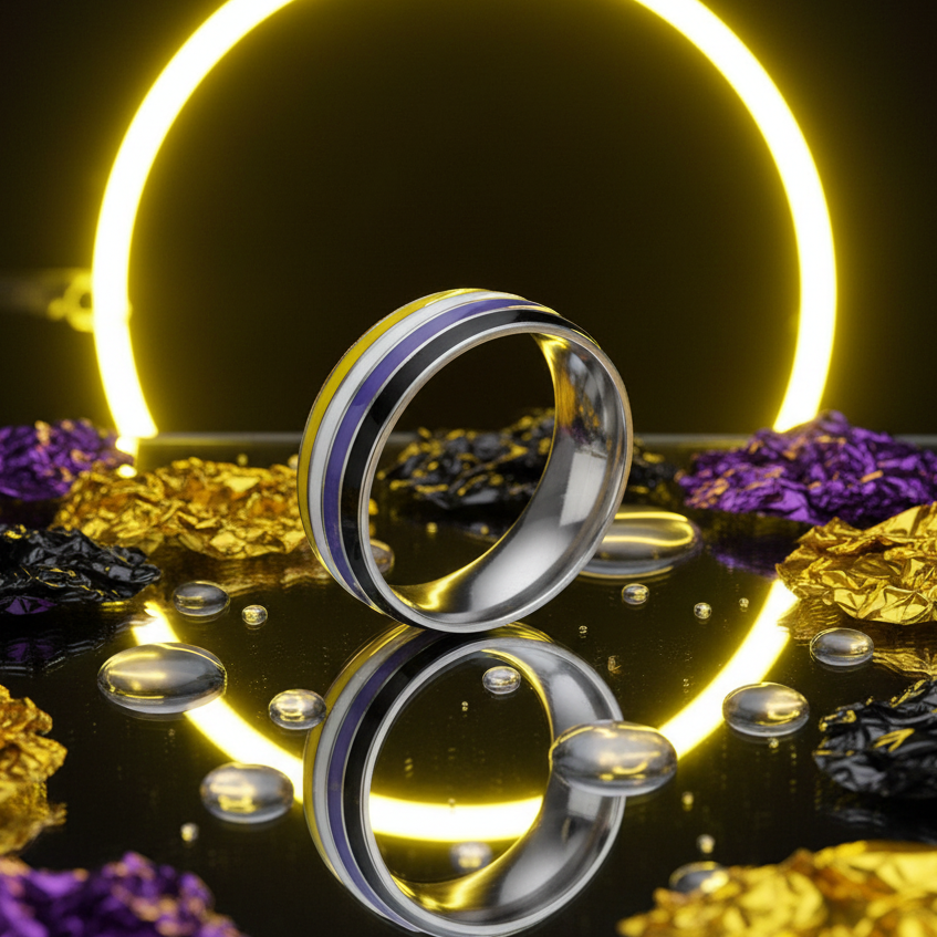 Non-Binary Pride Ring with polished steel finish, featuring purple and yellow inlays, stands on a glossy surface, surrounded by water droplets and metallic foil, reflecting a warm glow from a neon light.