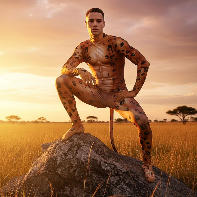 Young man in leopard-print Leopard Fantasy Fetish Bodysuit With Tail, squatting on rock in grassy savannah at sunset, embodying a surreal, primal alter ego.
