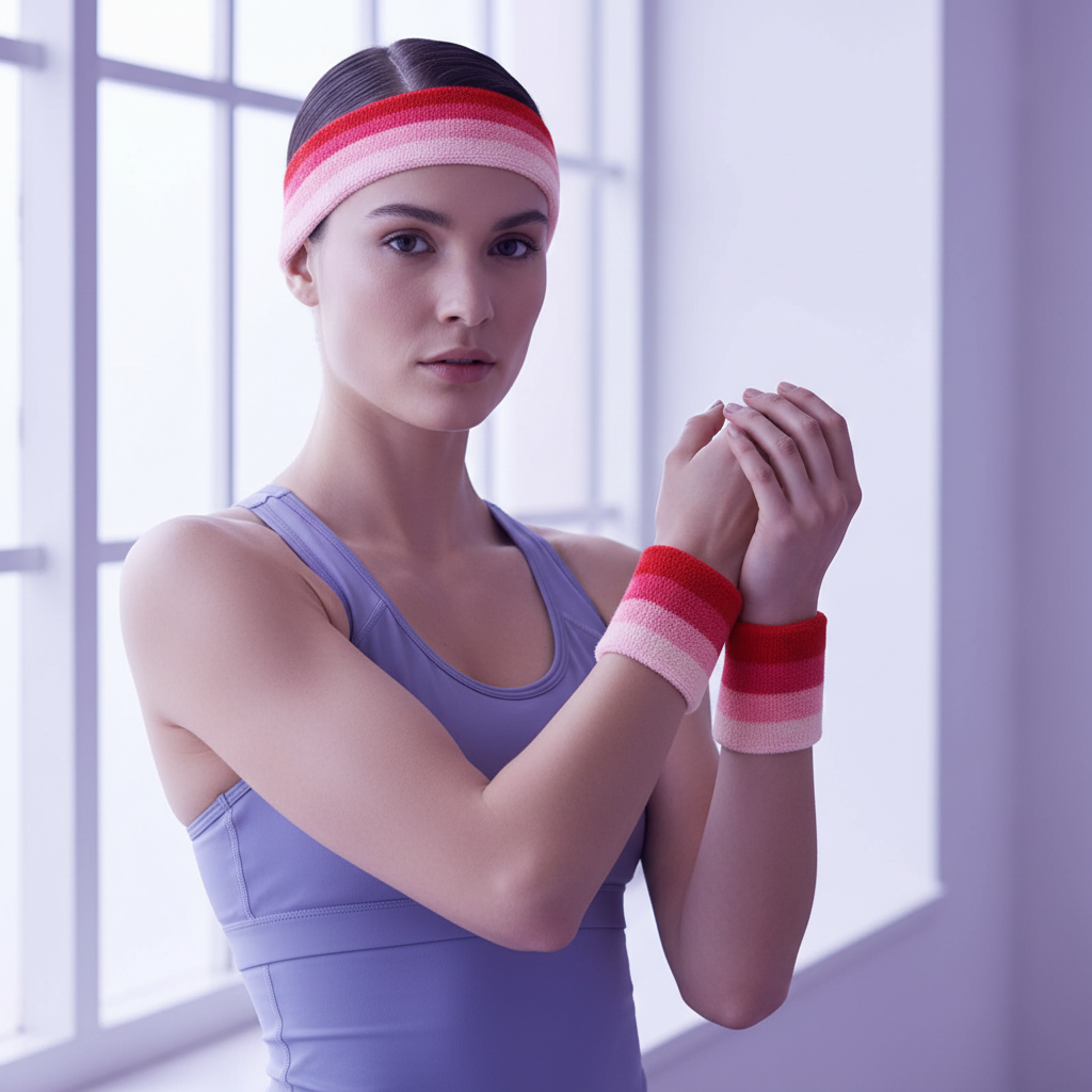 Young woman wearing the Sweat With Pride Femme Pink Headband & Wristband Fitness Set, showcasing bold, pride-inspired stripes, embodying self-expression and empowerment in her workout attire.