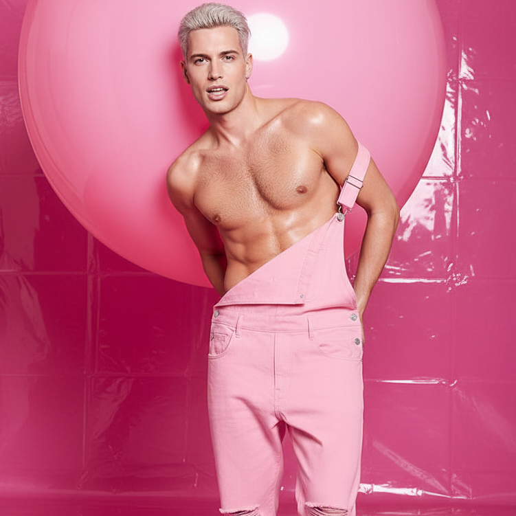 Pink men's overalls, one strap off-shoulder, modeled by a platinum blond person before a shiny pink balloon backdrop; queer vibe.