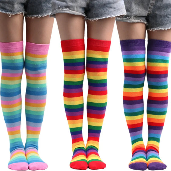 Colorful Rainbow Thigh-High Striped Socks