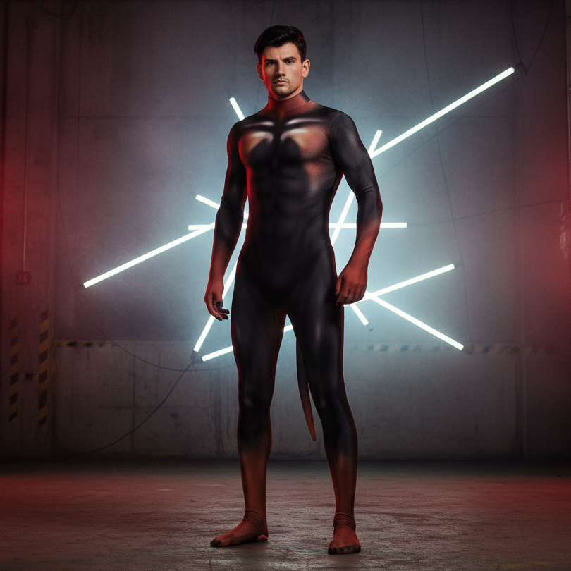Man wearing Doberman Fantasy Fetish Bodysuit With Tail, showcasing a muscular fit in an industrial setting with starburst fluorescent lighting and dramatic red uplighting.