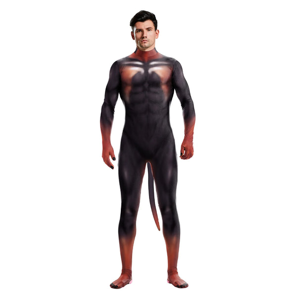 Male model in Doberman Fantasy Fetish Bodysuit With Tail, showcasing a muscular 3D animal print design with an attached tail, covering hands and feet.