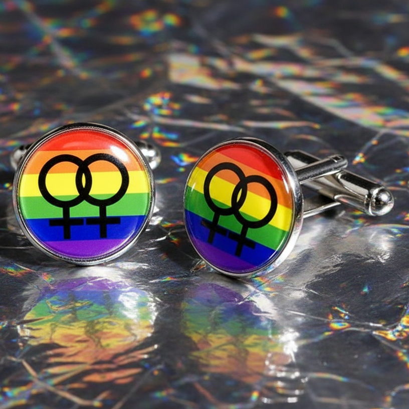 Gay Rainbow Pride Cufflinks featuring interlocking female symbols on a rainbow flag background, embodying LGBTQ pride and empowerment. Perfect for subtly expressing identity and adding vibrant flair to formal attire.