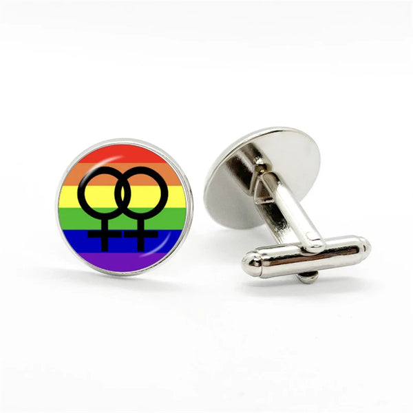 Gay Rainbow Pride Cufflinks featuring rainbow stripes and interlocking Venus symbols, celebrating lesbian pride. A bold, empowering accessory for LGBTQ visibility and self-expression, perfect for formal wear.