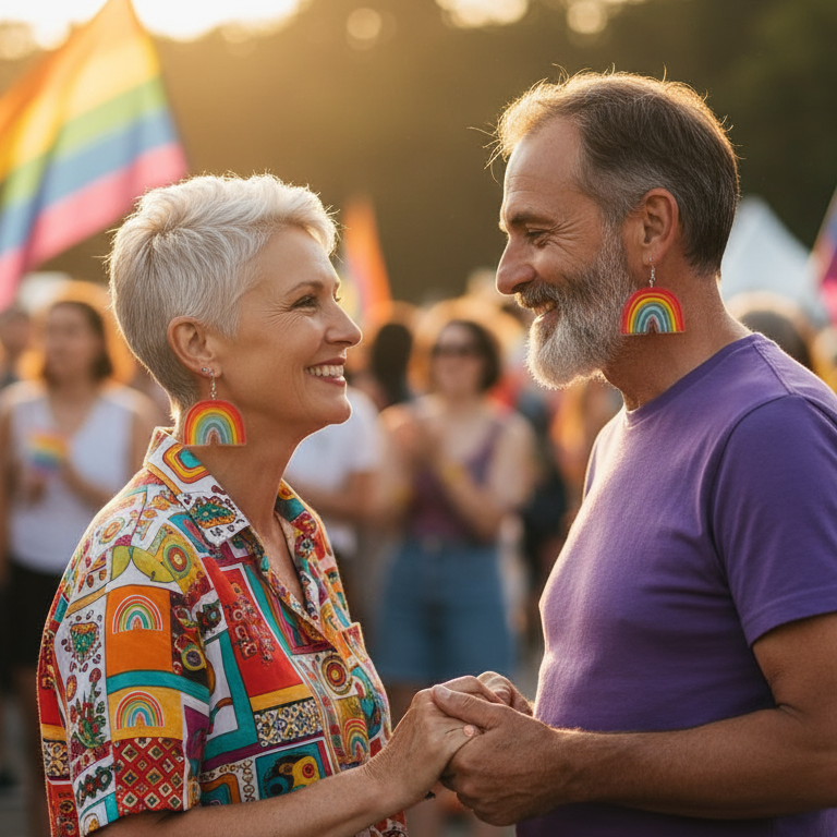 Older couple at a Pride event, wearing LGBT Rainbow Earrings. They're holding hands and smiling, showcasing the earrings' vibrant colors and empowering message of pride, visibility, and self-expression.