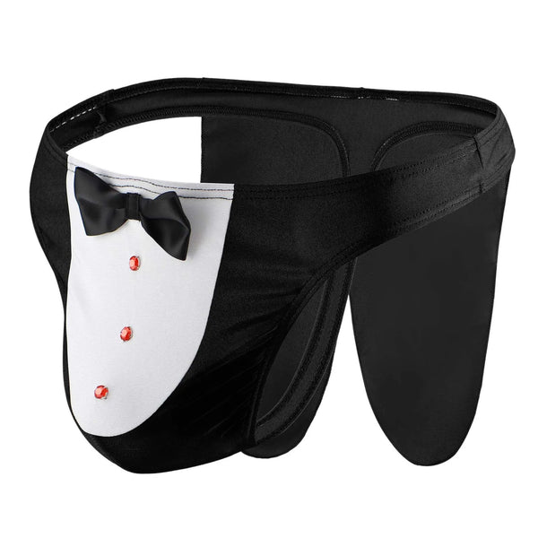 Novelty men's underwear styled as a tuxedo front, featuring a printed white shirt panel, three red buttons, and a tiny black bow tie, embodying the Sexy Submissive Servant Jockstrap Costume for bold self-expression.