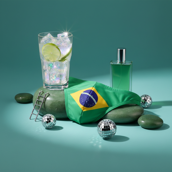Brazil Flag Swim Briefs draped over a stone, featuring vibrant flag design and snug fit. A celebration of pride and self-expression, embodying bold queer energy with disco balls enhancing the lively scene.