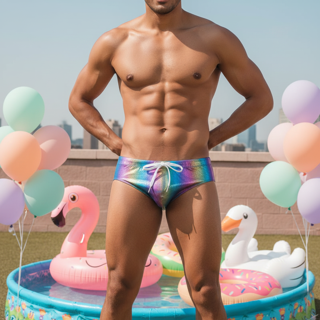A shirtless man on a rooftop wears shiny rainbow "Pride Poolside Perfection" swim briefs by a kiddie pool with balloons and flamingo floats; city skyline behind.