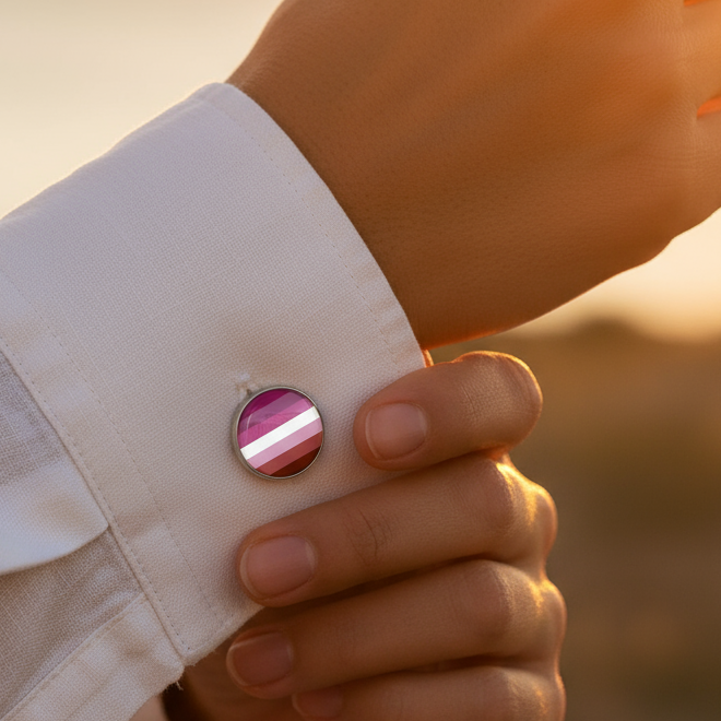 Close-up of a hand fastening a cuff with Lesbian Sunset Pride Cufflinks, featuring vibrant stripes symbolizing LGBTQ pride, against warm lighting, embodying empowerment and self-expression.