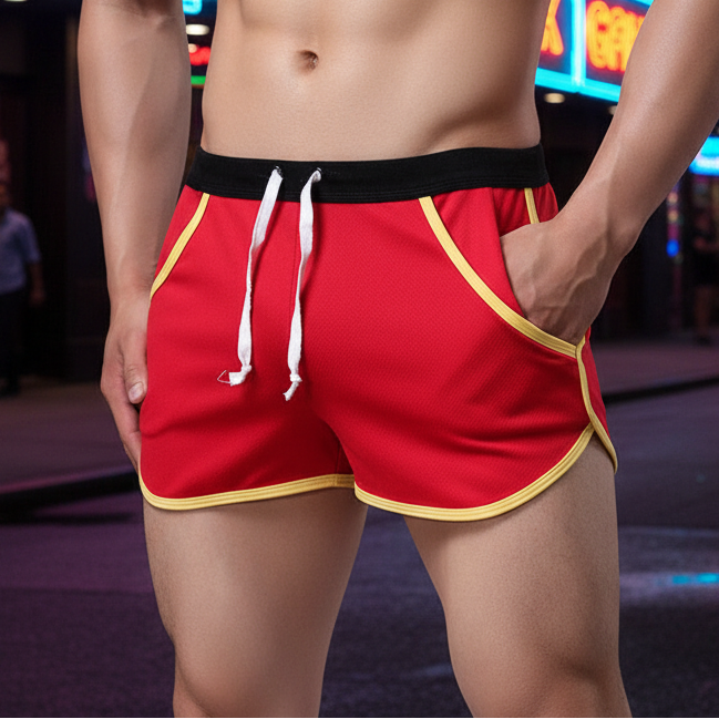 A person stands at night under neon signs in red Lovebeat Dance Shorts with yellow trim, black waistband, and white drawstring.