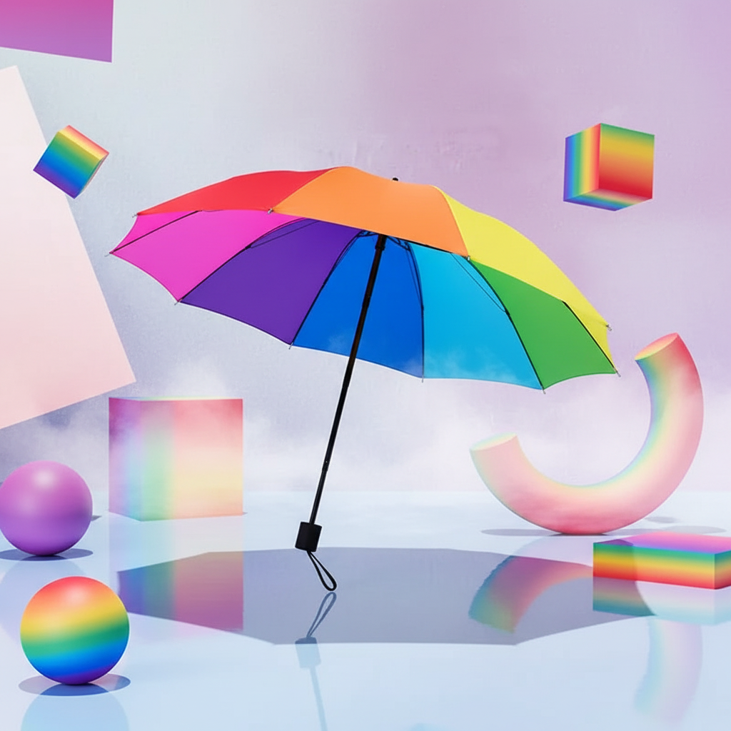 Open LGBT Pride pocket umbrella on a shiny surface, with floating pastel and rainbow shapes, against a purple-pink gradient backdrop.