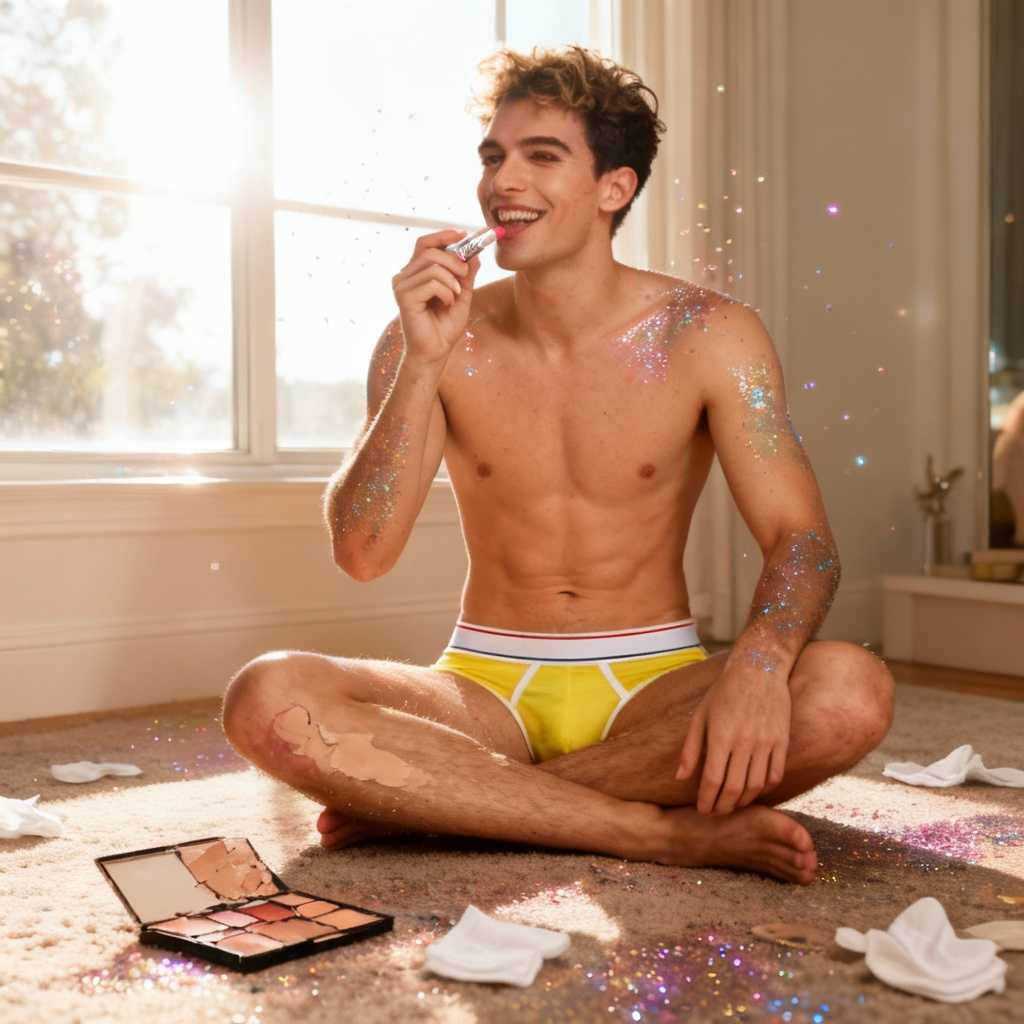 Young man wearing SEOBEAN Sculpted Fit Retro Briefs, applying pink lipstick amid glitter, embodying confident self-expression and queer pride in a sunlit room.