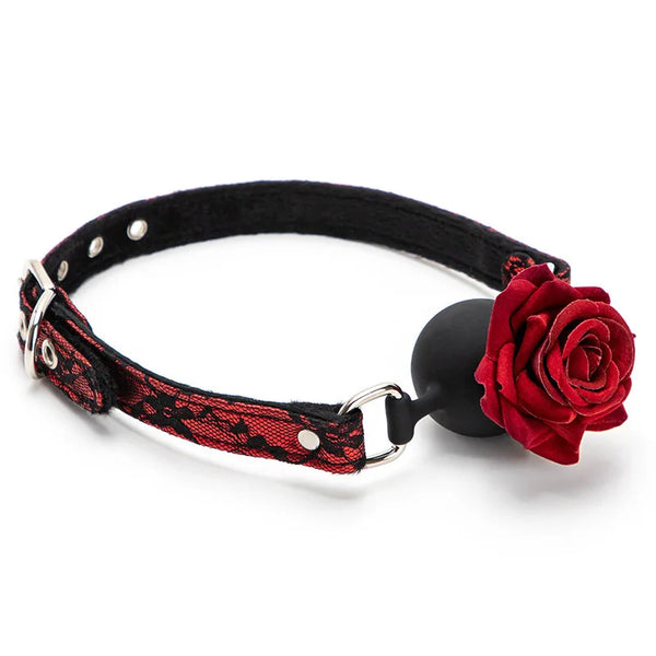 Black ball gag with a red rose, attached to a red-and-black lace collar
