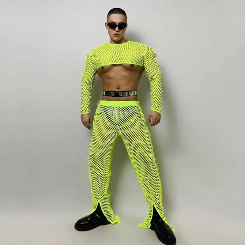 Fluorescent Fishnet See-Through Bodysuit Set