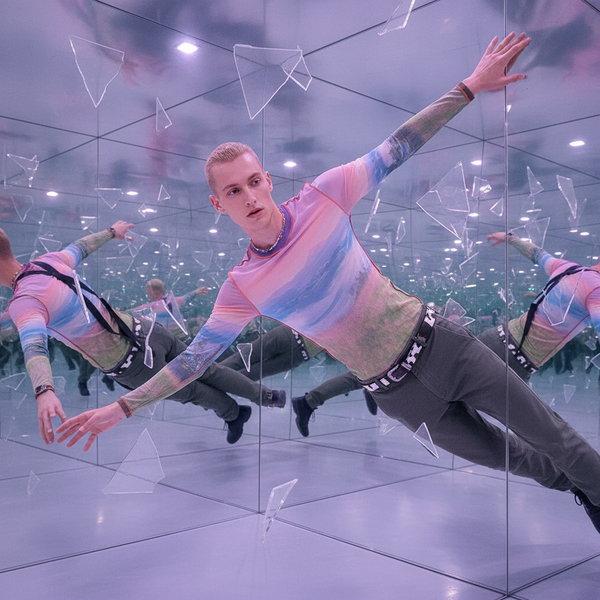 A young person poses in an infinity room wearing the HighStyle Collar Men's Statement Shirt, a pastel-patterned top with long sleeves, embodying queer pride and self-expression amidst a kaleidoscopic mirrored backdrop.