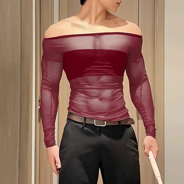 Model wearing a burgundy sheer off-shoulder long-sleeve top with black trousers