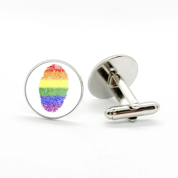 Progress Pride Thumb Cufflinks feature rainbow fingerprint design on silver-tone finish, showcasing LGBTQ pride with elegance. Ideal for adding a bold, empowering touch to any formal attire.