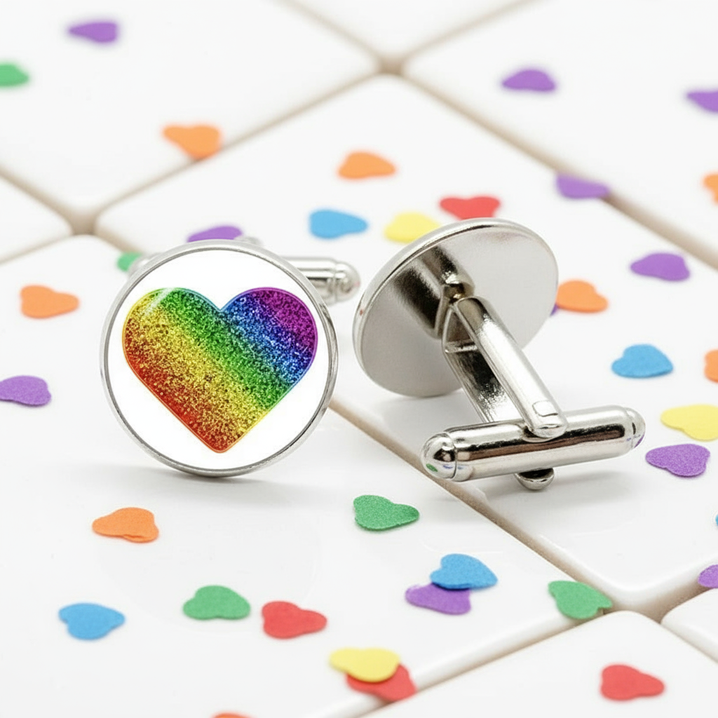 Rainbow Heart Pride Cufflinks showcasing a glittery, rainbow-gradient heart on a white background, embodying LGBTQ pride. One cufflink features the heart, while the other displays its polished T-bar fastening.