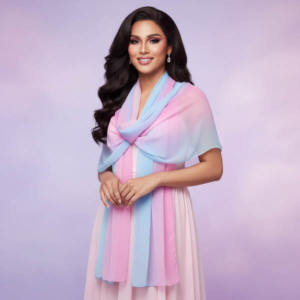 Smiling woman wears the Sashay Away Chiffon Pride Wrap Scarf, showcasing its vibrant, flowing chiffon design, embodying LGBTQIA+ pride and self-expression with bold elegance and joyful visibility.