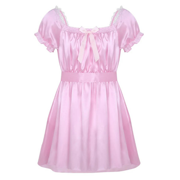 Satin Frilly Pajamas Dress: A pastel-pink satin dress with puffed sleeves and lace edging, featuring a gathered bodice with a bow, celebrating queer empowerment, self-expression, and bold, sexy visibility.
