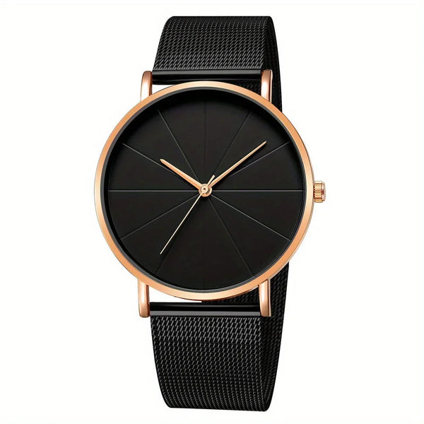 Check-In Chic Crew Watch: A bold, minimalist wristwatch with a rose-gold case, black dial segmented stylishly, matching rose-gold hands, and a chic black metal mesh strap, embodying queer empowerment and timeless elegance.