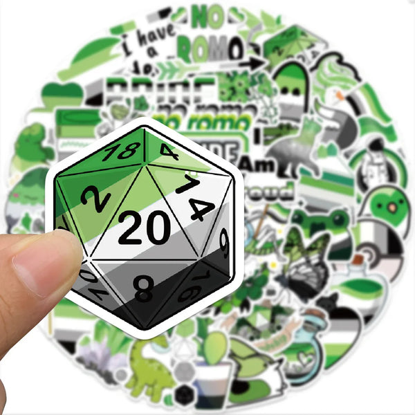 Vinyl sticker sheet from Lucky Dip Collection Of 100 Random Aromatic Pride Stickers! featuring agender-themed designs, including a 20-sided die, frogs, and hearts, all in vibrant pride colors, embodying queer empowerment and self-expression.